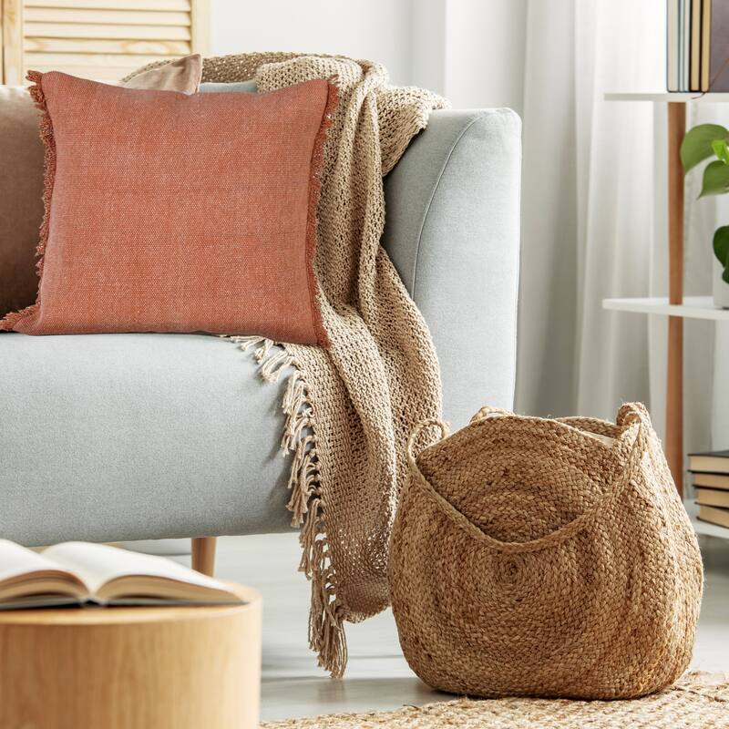 Sevita Adobe Brown Solid Stonewash Throw Pillow with Fringe - 20" x 20" - Polyester