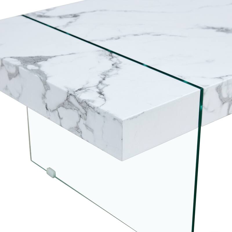 Roomfitters White Marble MDF Coffee Table with Tempered Glass Legs, Side or Display Table for Modern Living Room