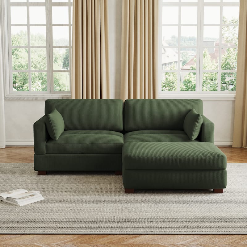 85in.W Corduroy Modular 3-Piece L-Shaped Sectional Sofa with Ottoman - Green