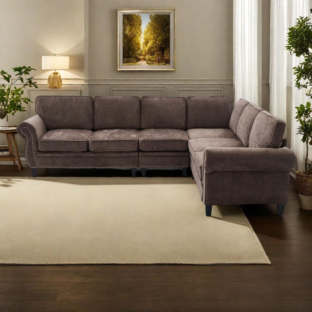 109.5" Chenille 6-Seater L-Shaped Sectional Sofa with Rivets Decorated Rolled Armrests,Cushions, and Wood Frame