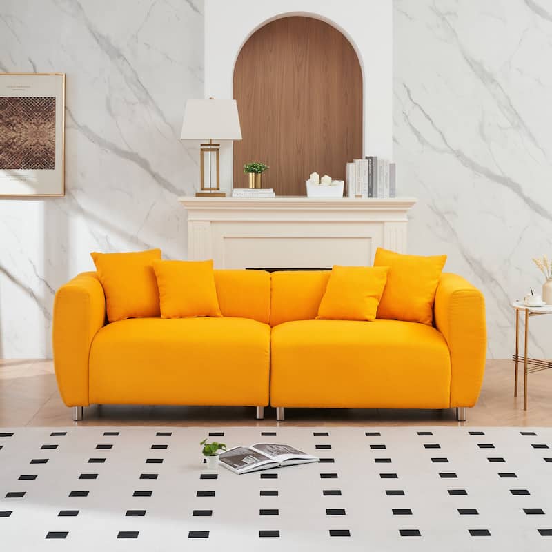 89" 3-Seater Sofa - Modern Living Room Couch with Solid Wood Frame, Metal Legs & 4 Pillows - Yellow