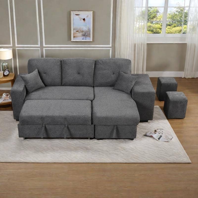 95" Velvet Sectional Sofa with Storage Chaise and 2 Stools and Reversible L-Shape Sofa Bed - Black+Blue