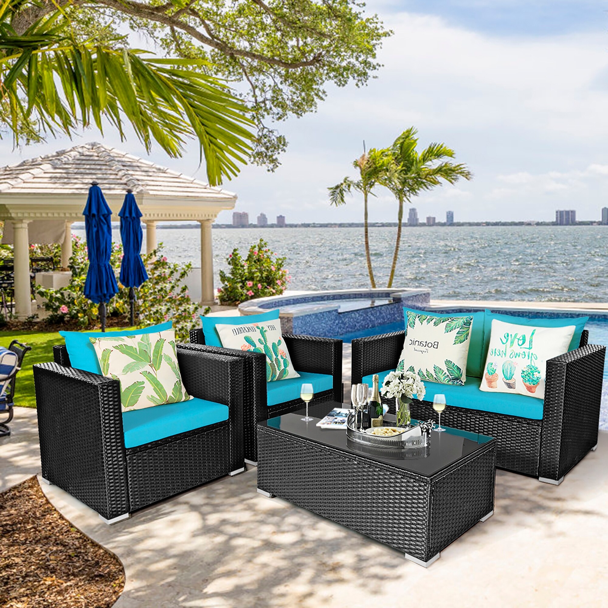 Shop Costway 4pcs Patio Rattan Cushioned Sofa Chair Coffee Table Turquoise Overstock 31820434