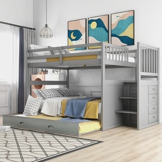 Full Over Full Bunk Bed with Twin Trundle, Staircase Drawers, and Safety Guardrails, Convertible Design for Flexible Setup