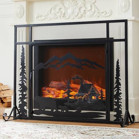 Farmhouse Bear Infested Black Decorative Mesh Cover Single Panel Iron Fireplace Screen 38.98*12.2*30.71 inches