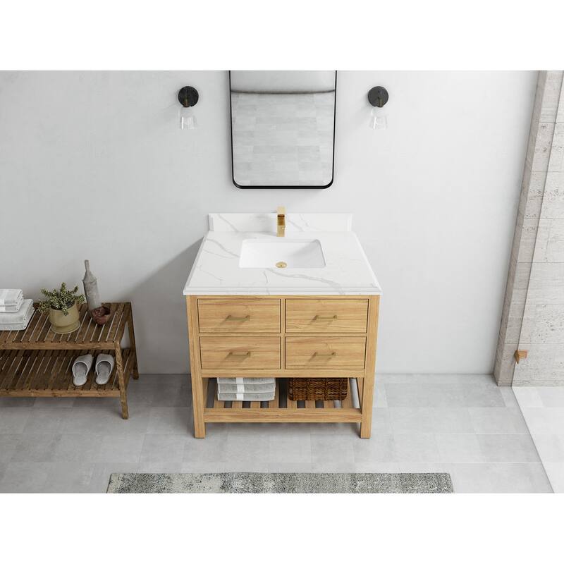 Willow Collections 36 in. W x 22 in. D Parker Solid Teak Wood Single Sink Bathroom Vanity with Quartz or Marble Countertop