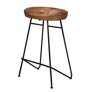 26 Inch Industrial Counter Height Stool, Contoured Mango Wood Seat, Iron, Cafe Brown, Black