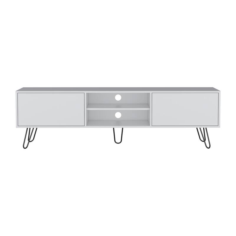 Stylish TV Console with Hairpin Legs, Hinged Storage Drawers & Open Middle Shelves, 55-Inch TV Stand for Living Room