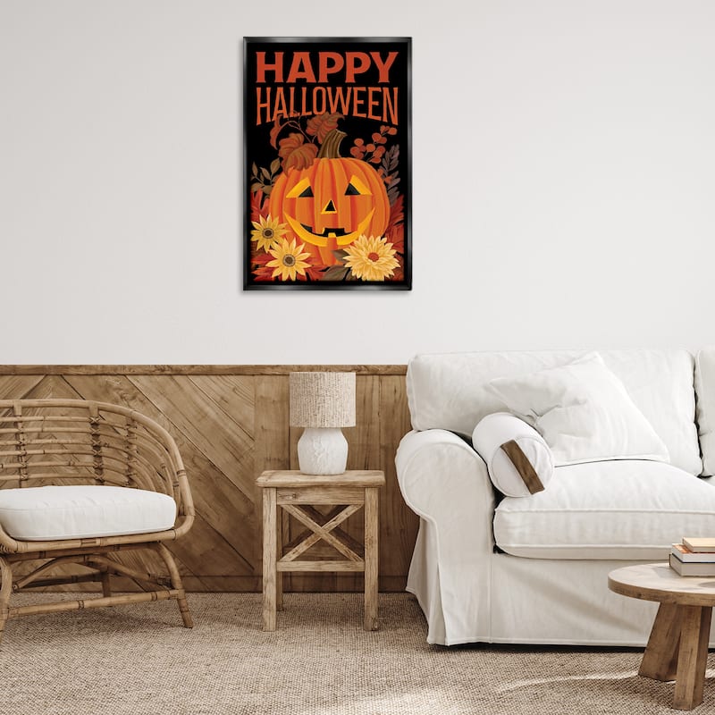 Stupell Happy Halloween Floral Pumpkin Framed Floater Canvas Wall Art Design By Cat Thurman Designs