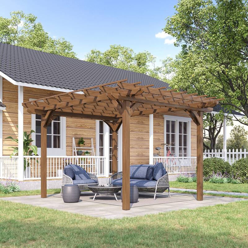 Outsunny 12' x 10' Outdoor Pergola, Wood Gazebo Grape Trellis with Stable Structure for Garden, Patio, Backyard, Deck - Light Grey