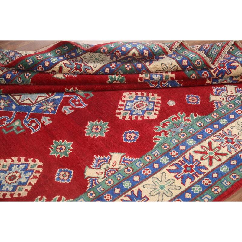 Hand Knotted Oriental 100% Wool Carpet Traditional Geometric Red Kazak Area Rug - 9' 7'' X 6' 7''