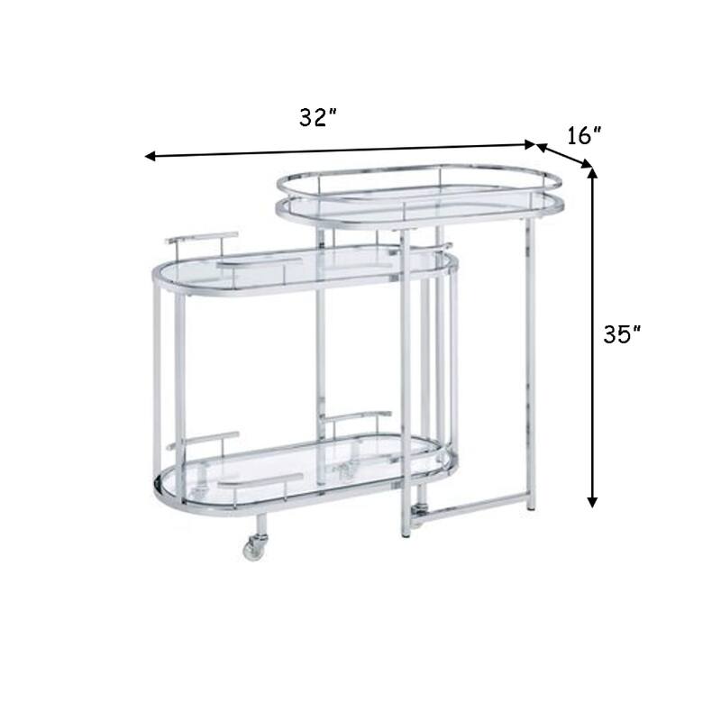 16 Inch Curved 2 Tier Serving Bar Cart with Tempered Glass Shelves, Silver