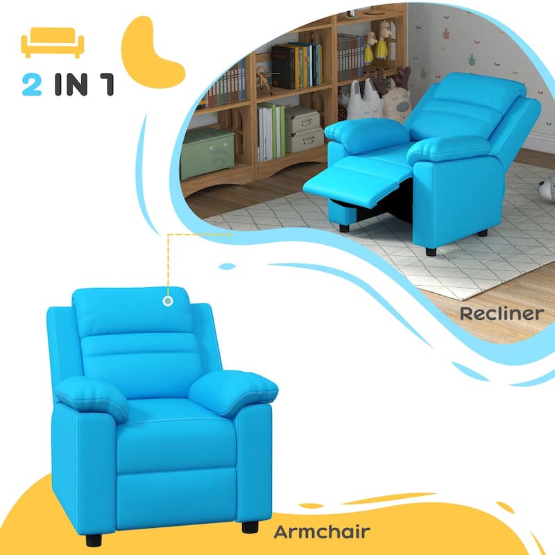 Blue Convertible Recliner Kids Sofa Chair for 3-9 Years with Padded Back and PU Cover - 23.6" W x 25.6" D x 29.5" H