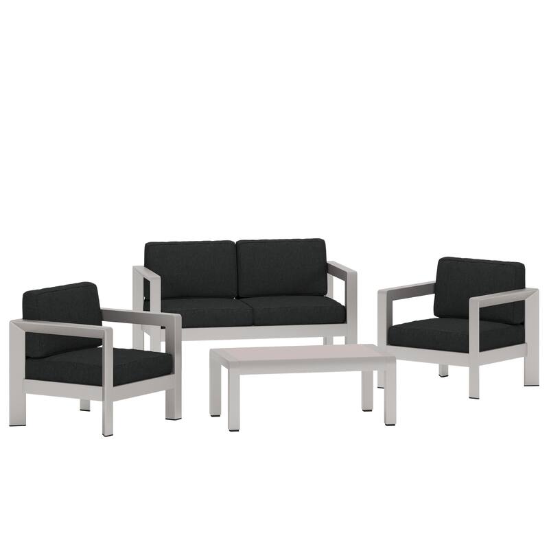 Aviara Outdoor 4-Seater Aluminum Chat Set with Tempered Glass-Topped Coffee Table by Christopher Knight Home