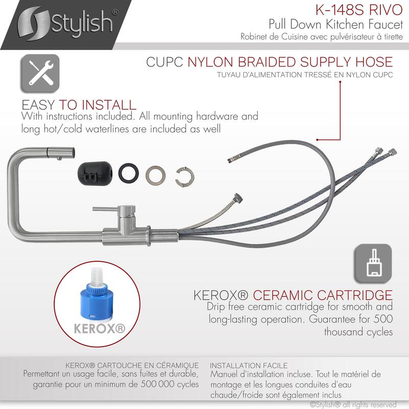 STYLISH Kitchen Sink Faucet Single Handle Pull Down Dual Mode in Stainless Steel - Faucet Height: 14 3/8" | Spout Height: 7 7/8"