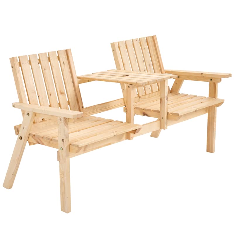 Outsunny Outdoor Patio Wooden Double Chair Garden Bench with Middle Table & Natural Weather-Fighting Materials - 60" x 28" x 31