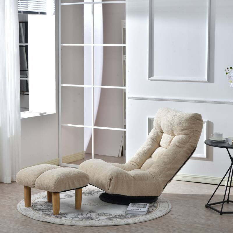 Beige Boucle Upholstered 360° Swivel Armless Manual Leisure Recliner Set with Ottoman, Adjustable Headrest and Backrest