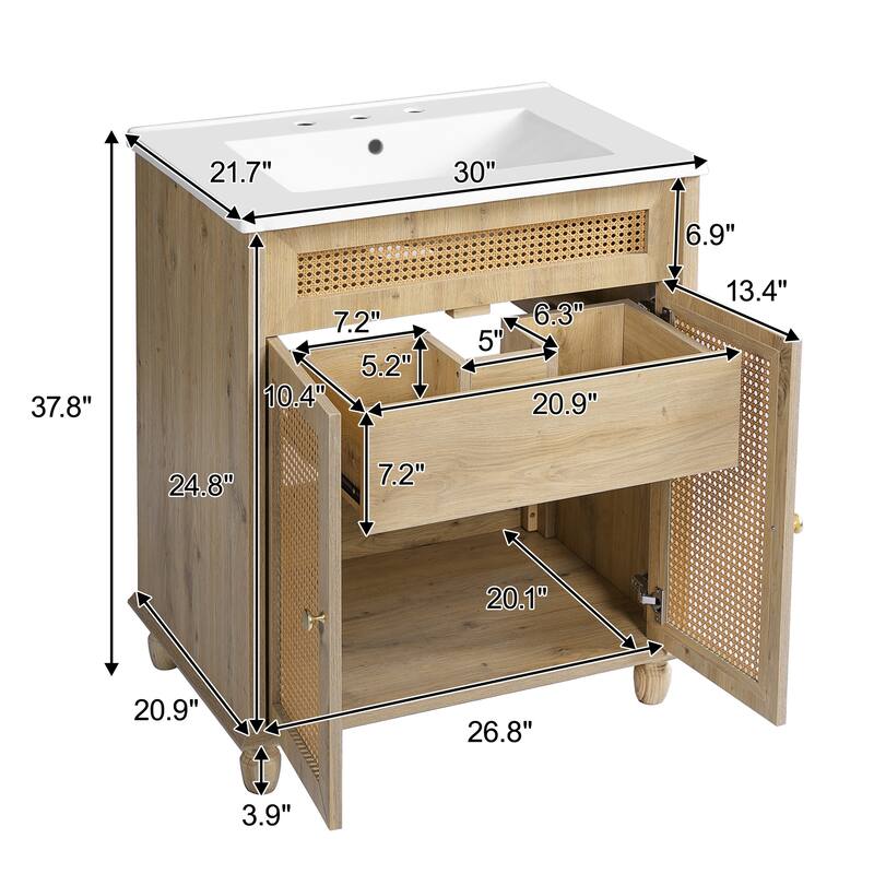 30" Bathroom Vanity with Handwoven Rattan Doors, Solid Wood Legs & Resin Basin