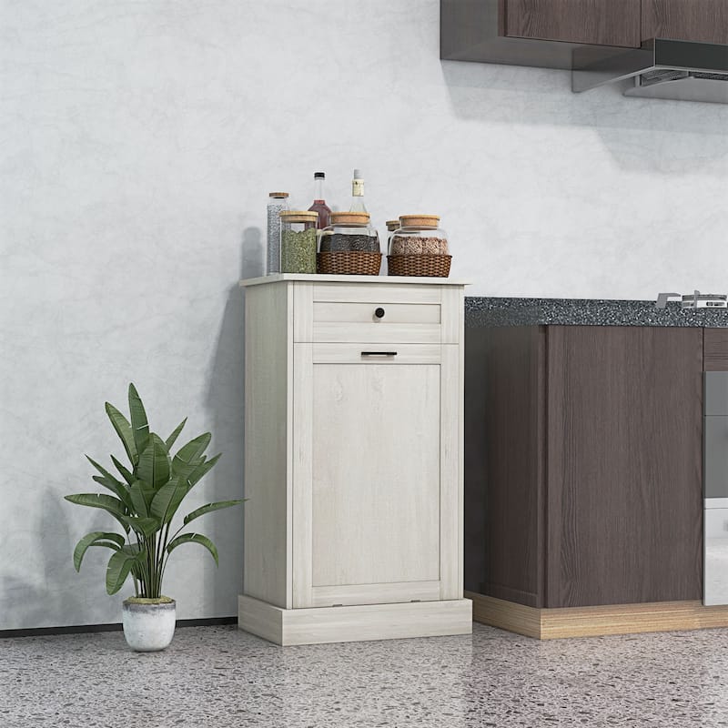 HOMCOM Kitchen Tilt Out Trash Bin Cabinet Free Standing Recycling Cabinet Trash Can Holder With Drawer, Charcoal Gray - Light Grey