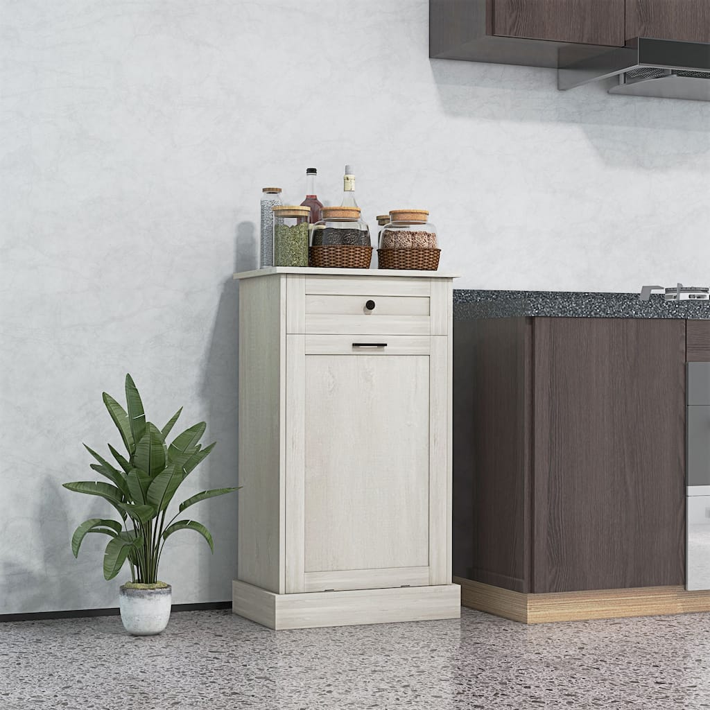 HOMCOM Kitchen Tilt Out Trash Bin Cabinet Free Standing Recycling Cabinet Trash Can Holder With Drawer, Charcoal Gray