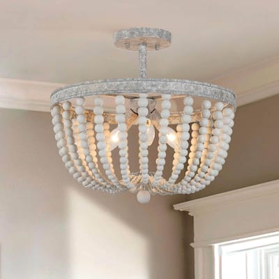 Modern Boho 3-Light Coastal Wood Beaded Semi-Flush Mount Light for Bedroom - D16.1"x H13.4"