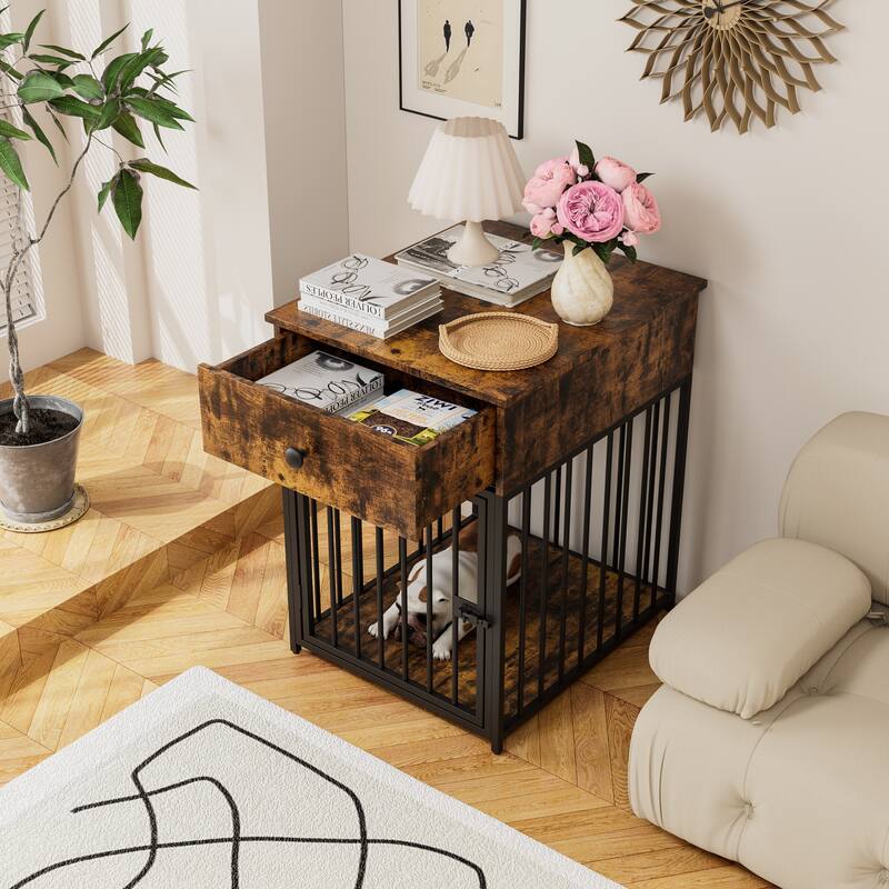 Decorative Dog Crate Dog House Dog Kennel with Drawer Indoor Pet Crate End Table for Small Dog Iron-Tube Dog Cage