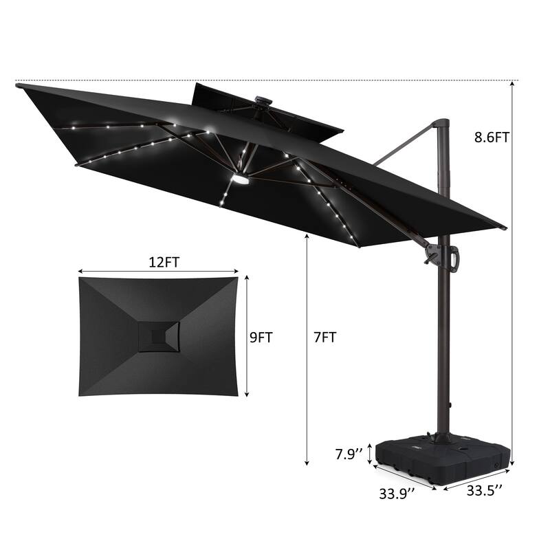 12 x 9 FT Outdoor Patio Aluminum Cantilever Umbrella with Solar Lights Double Canopy with Wheel Base