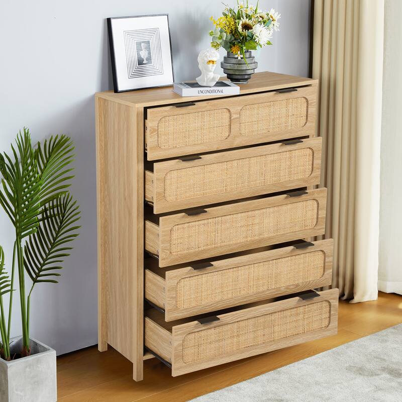 Wooden Rattan 5-Drawer Storage Cabinet Dresser