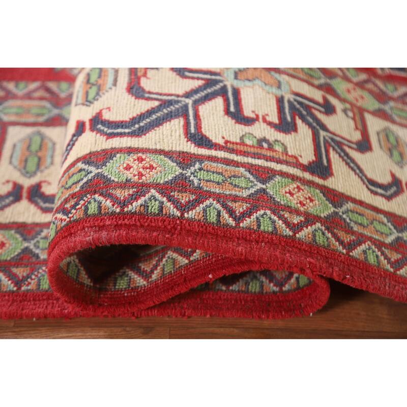 Hand Knotted Oriental 100% Wool Carpet Traditional Geometric Red Kazak Area Rug - 9' 8'' X 6' 6''