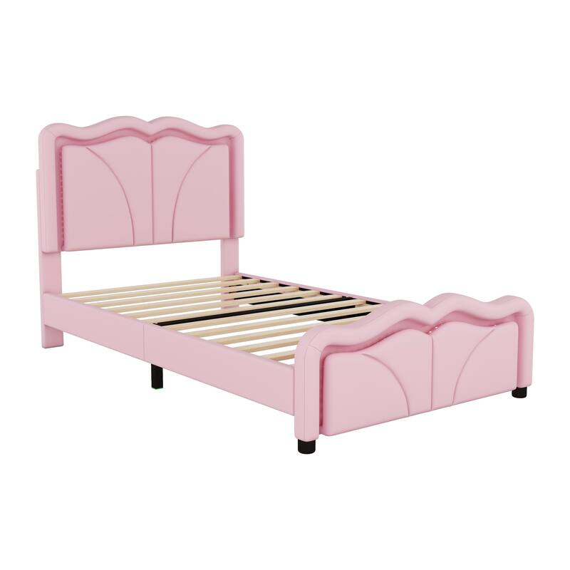 Pink Twin Upholstered Platform Bed with Adjustable Headboard & LED Lights