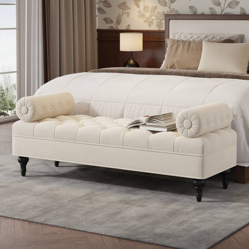 Beige Velvet Modern Ottoman Bench for Bedroom - Comfy End-of-Bed Footstool with Detachable Pillows - Beige