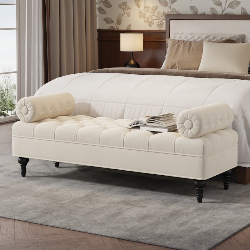 Christopher Knight Home - Anne Bedroom End-of-Bed Bench with 2 Pillows and Velvet Upholstery - Beige