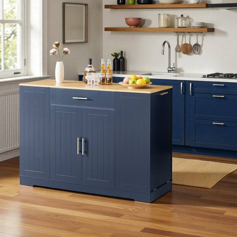 53" Modern Farmhouse Kitchen Island with Drawer, Tilt-Out Trash Can Storage, Adjustable Shelves & Spice Rack for Kitchen