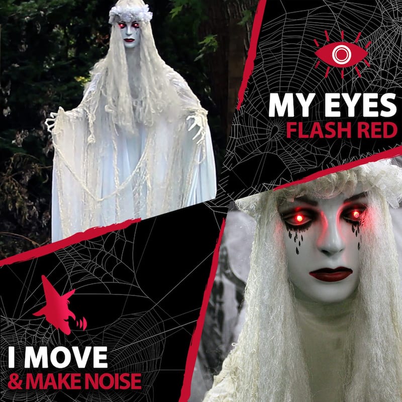 Haunted Hill Farm Life-Size Animatronic Ghost Bride with Lights and Sound, Indoor or Covered Outdoor Halloween Decoration
