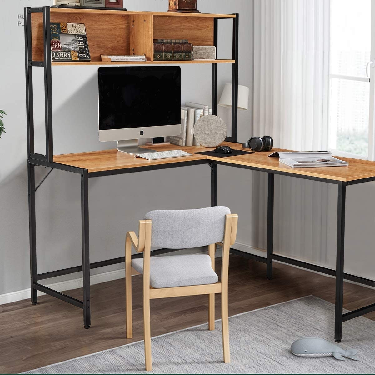 55 Inch L-Shaped Computer Desk with Hutch
