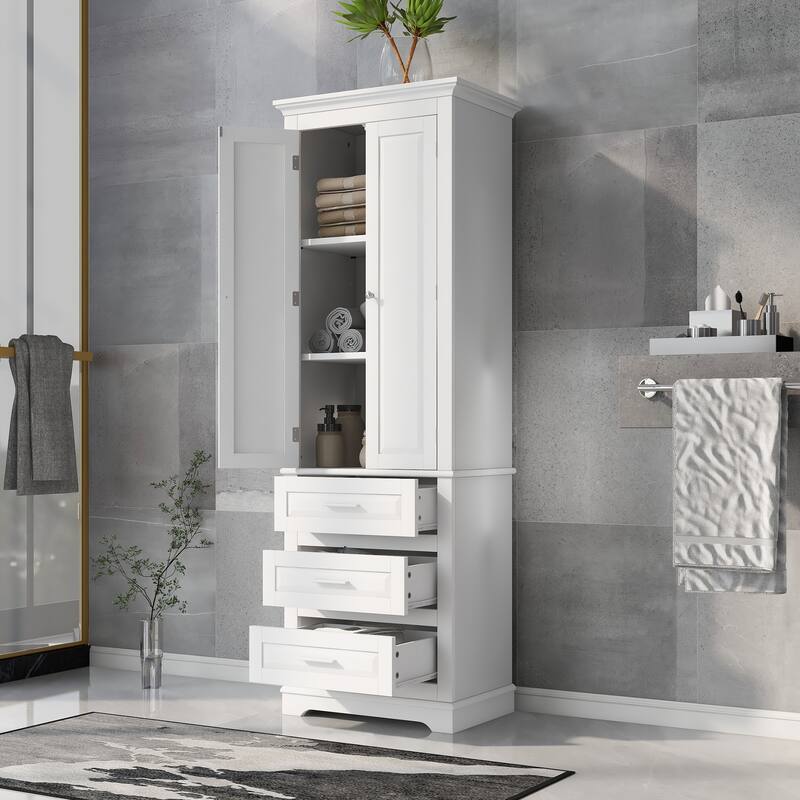 Roomfitters 64" Tall Bathroom Storage Cabinet, Modern MDF Linen Tower with 3 Large Drawers & Adjustable Shelves, White