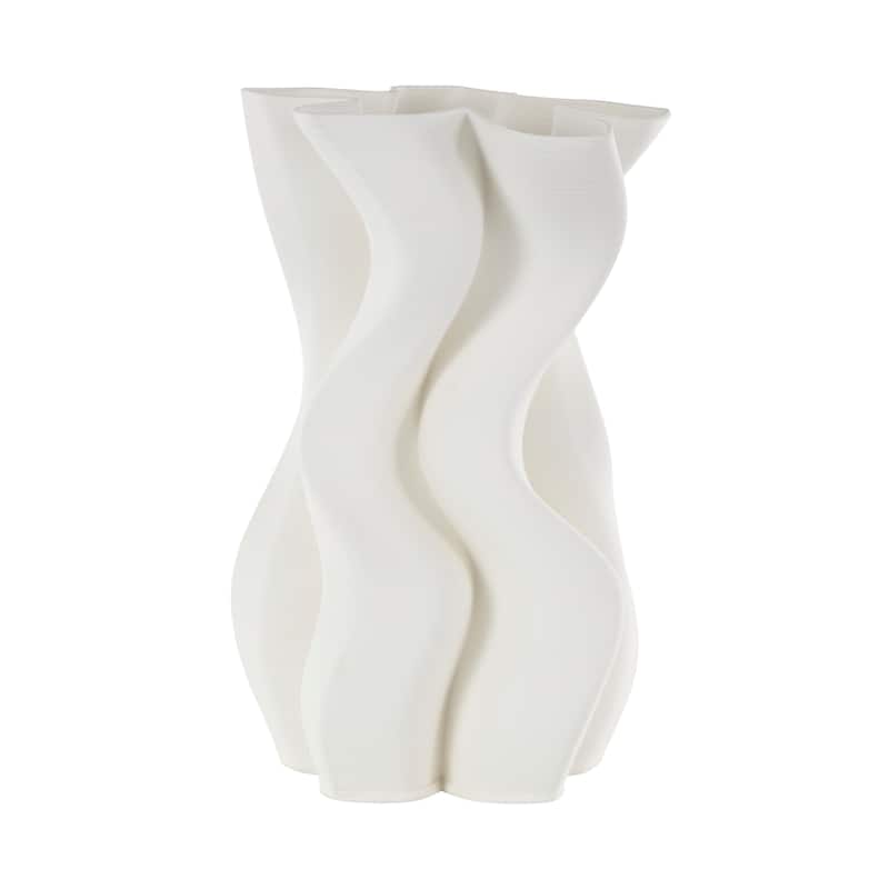 White Ceramic Ribbed Dimensional Wavy Abstract Vase with Floral Shaped Rim