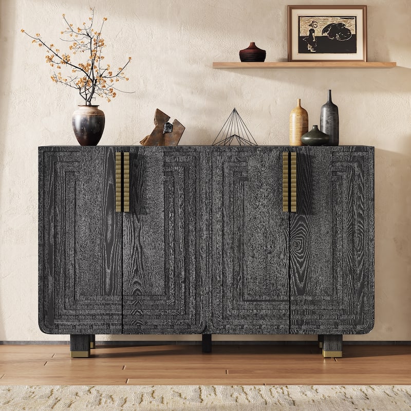 4 Doors Fluted Sideboard Buffet Cabinet, Large Wood Storage Cabinet, Accent Cabinet with Adjustable Shelves & Support Legs