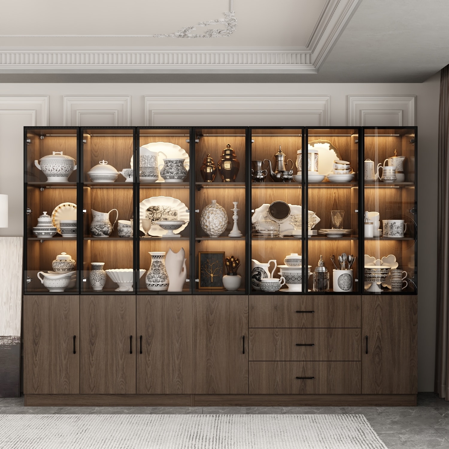 Modular Wood Finish Display Cabinet LED Light Kitchen Living Storage
