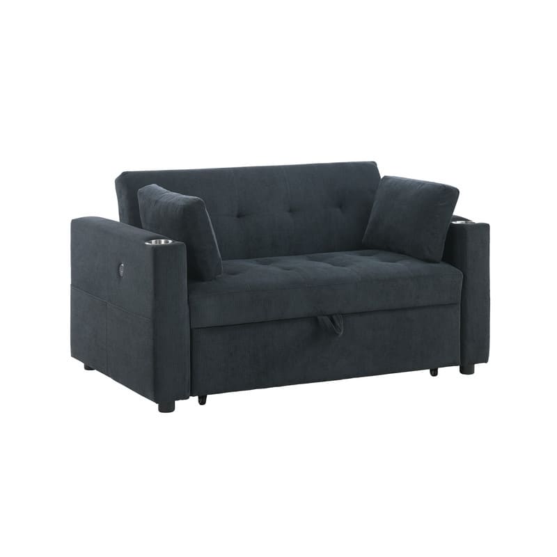 Luelle 57"W Corduroy Convertible Sleeper Loveseat with Cupholders, USB Ports, Magazine Pockets, Pillows, Tufting