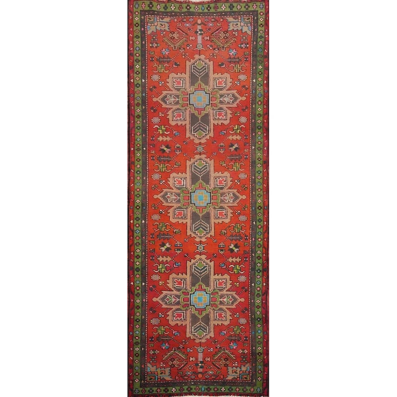 Hand Knotted Oriental 100% Wool Carpet Traditional Geometric Oranges & Rust Heriz Runner Rug - 9' 8'' X 3' 2''
