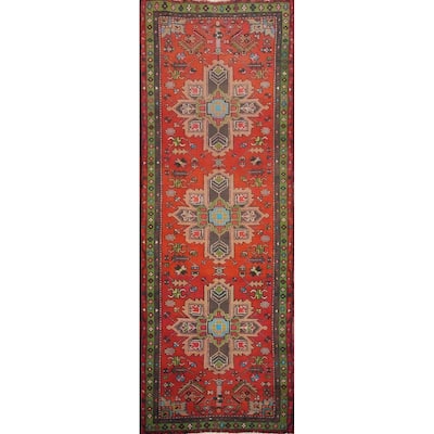 Hand Knotted Oriental 100% Wool Carpet Traditional Geometric Oranges & Rust Heriz Runner Rug - 9' 8'' X 3' 2''