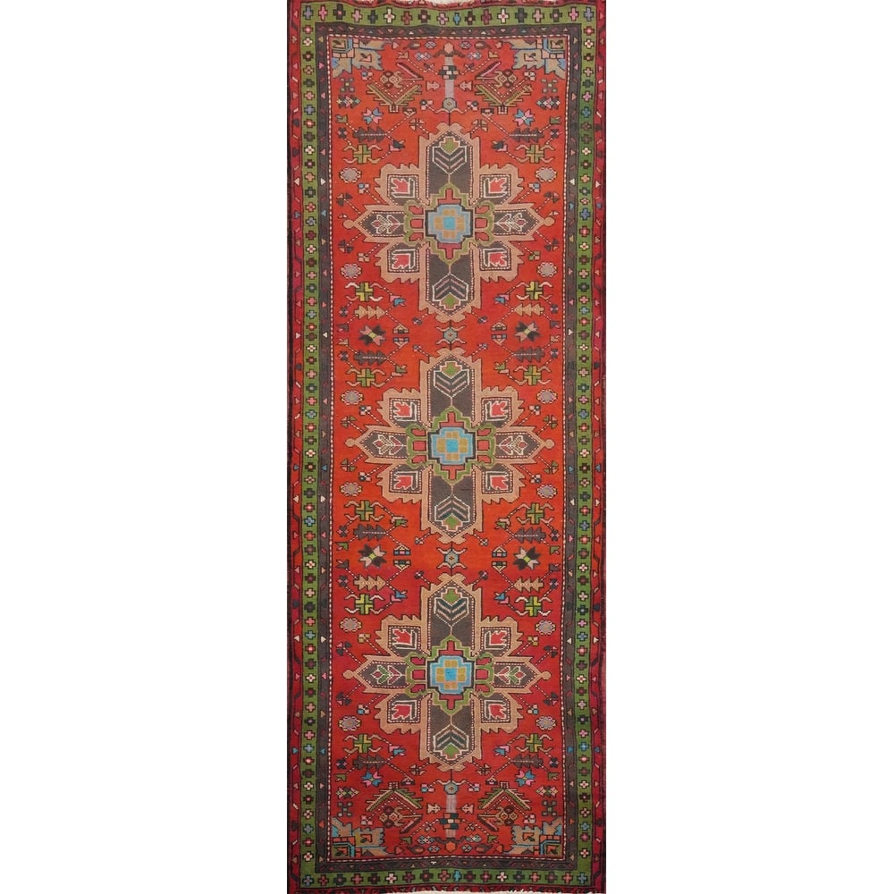 Hand Knotted Oriental 100% Wool Carpet Traditional Geometric Oranges & Rust Heriz Runner Rug - 9' 8'' X 3' 2''