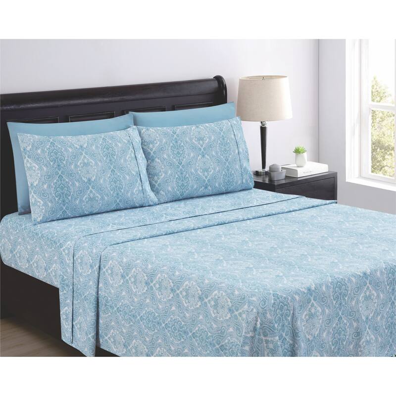 SL SPIRIT LINEN HOME EST. 1988 Paisley 6pc Sheet Set - Microfiber 90GSM - King - Light Blue