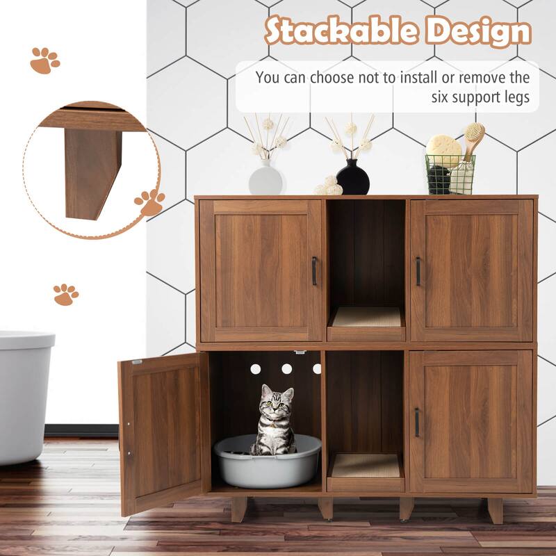 2-Door Cat Litter Box Enclosure with Winding Entry and Scratching Board