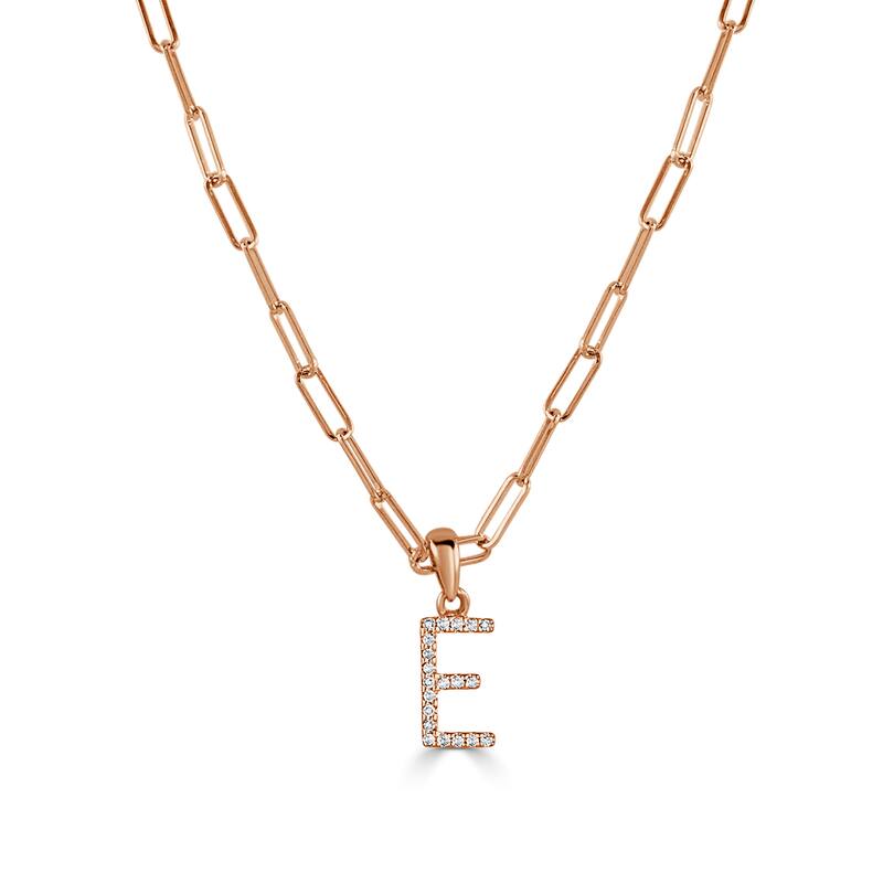 Joelle Collection Diamond Initial Letter Necklace Paperclip 14K Gold 16-inch Chain 1/10 TDW Necklace - E - Rose