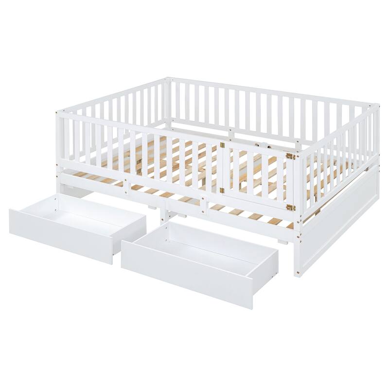 Full Size Wood Daybed with Fence Guardrails and 2 Drawers, Convertible to Floor Bed & Daybed, White