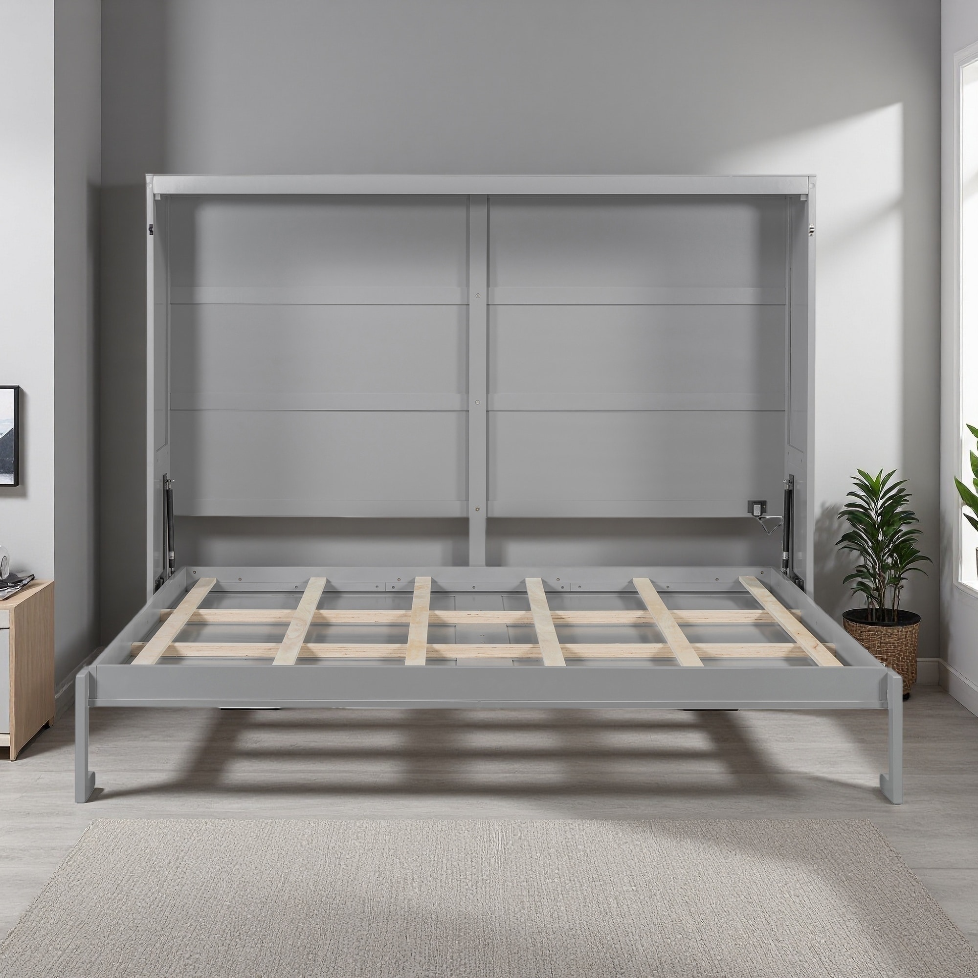 Queen Size Murphy Bed with LED Lights, Wall Bed with Multi-function, No Box Spring Needed, Mattress Support with Flexible Slats