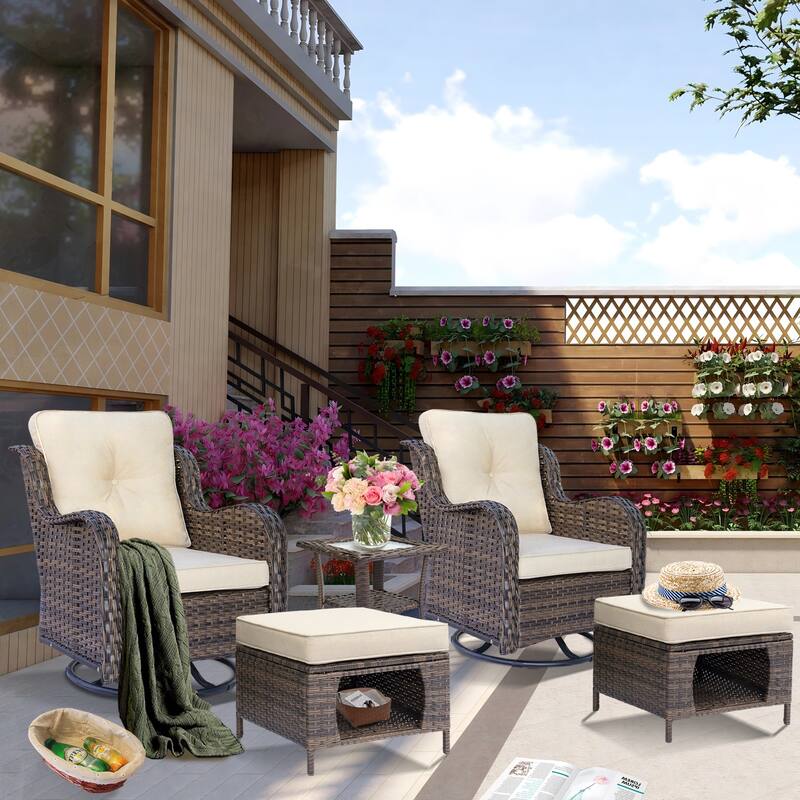 5 Piece Outdoor Wicker Patio Furniture Swivel Chairs Set with Ottomans - Cream-Brown Wicker