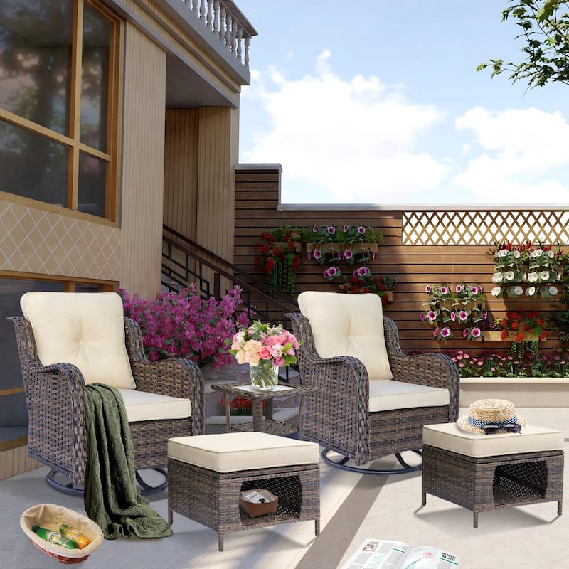 Outdoor Patio Furniture-Wicker Conversation Swivel Rocker Chairs Sets - 5 Piece - Cream